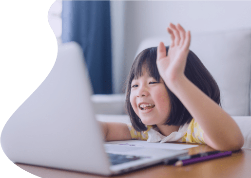 Student raising hand on laptop